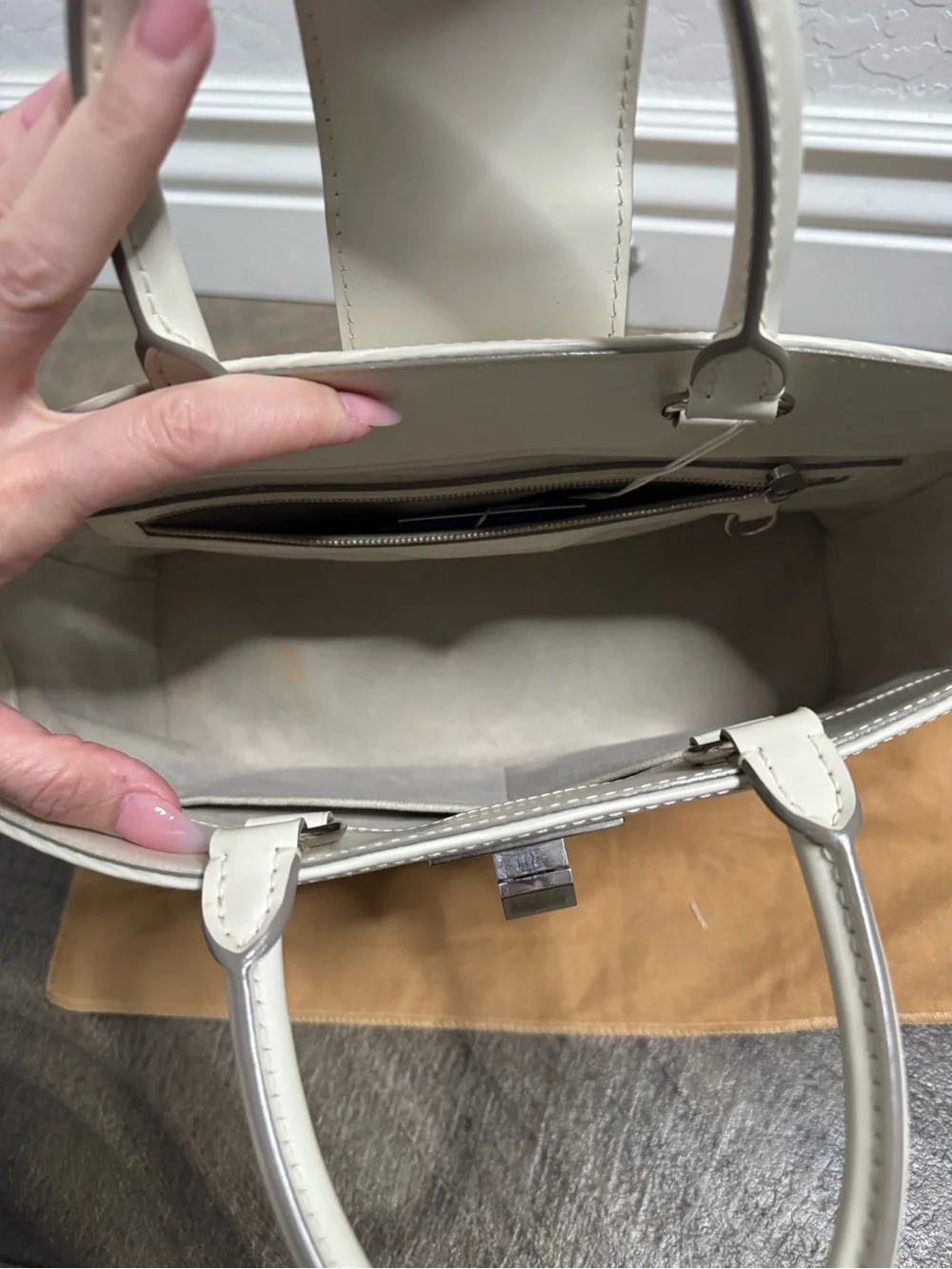Louis Vuitton Cream Structured Satchel with Buckle Accent